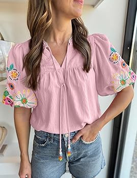 Women's Casual Floral Embroidered V Neck Boho Puff Short Sleeve Shirts Loose Tunic Summer Blouses... | Amazon (US)