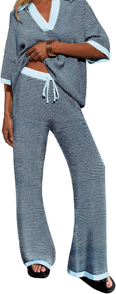 Womens 2 Piece Outfits Set Oversized 3/4 Sleeve V Neck Knit Tops Drawstring High Waisted Pants Lo... | Amazon (US)