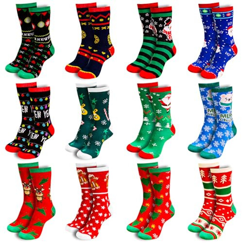 MGparty 12 Pairs Christmas Socks for Women, Festive Holiday Crew Socks, Colorful Xmas Novelty Gift Socks for Christmas | Amazon (US)