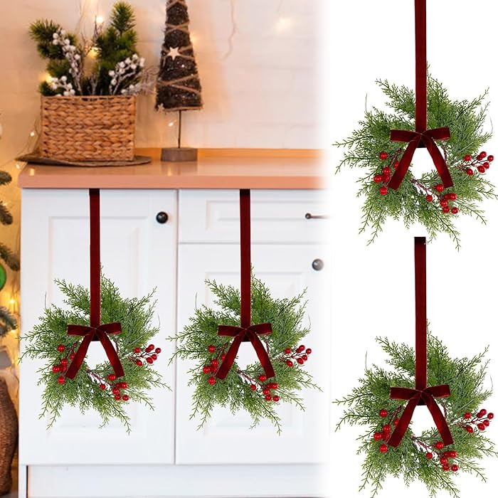 Small Christmas Wreaths for Kitchen Cabinets- 4Pcs 9 Inch Mini Wreaths for Cabinets with Berry an... | Amazon (US)