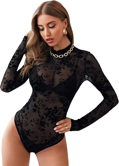 SweatyRocks Women's Mock Neck Leopard Long Sleeve Mesh Bodysuit Leotard | Amazon (US)
