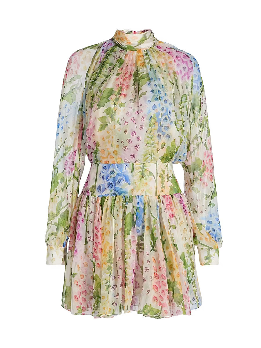 Women's Sheer Foxgloves Silk Chiffon Long-Sleeve Minidress - White Multi - Size 4 | Saks Fifth Avenue