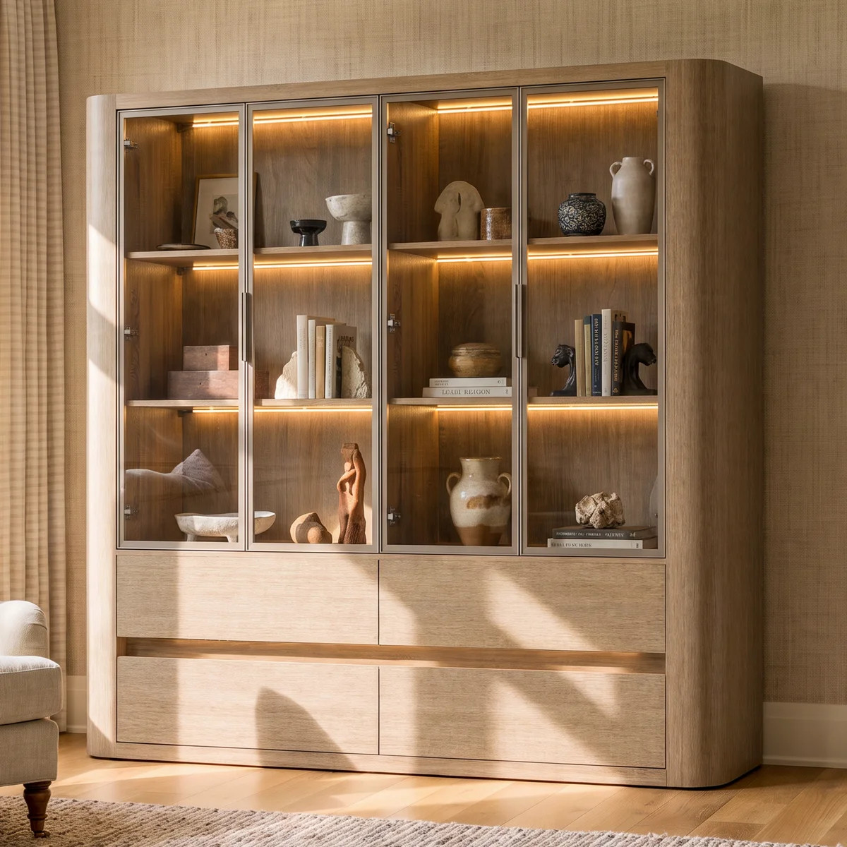 77.9" W 3-Color Lighted Bookcase with Glass Doors and 4 Drawers, Natural Wood | Wayfair North America