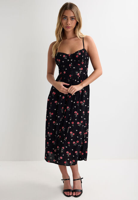 Womens Black Floral & Polka Dot Corset Dress | Peacocks