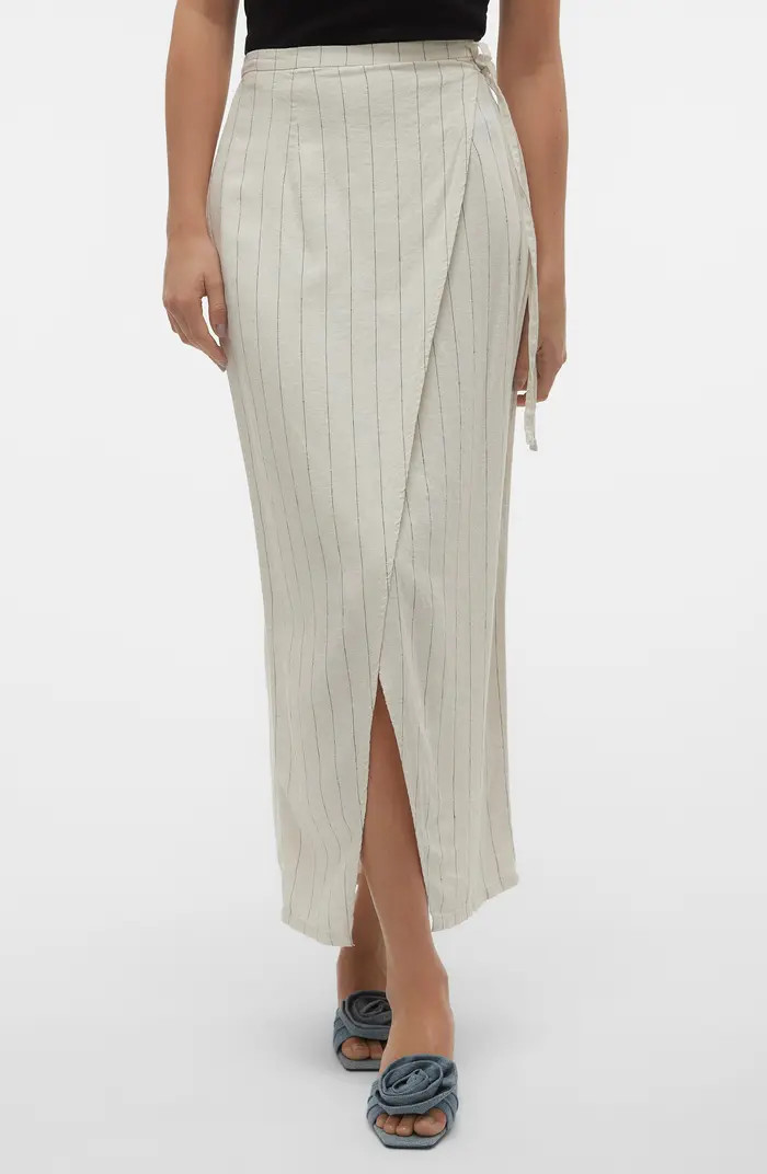 VERO MODA Mindy Pinstripe Linen Blend Faux Wrap Maxi Skirt | Nordstrom | Nordstrom