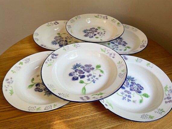 Vintage April Cornell Enamelware Plates Soup Bowls Floral Shabby Chic Cottage Decor Set of 6 | Etsy (US)