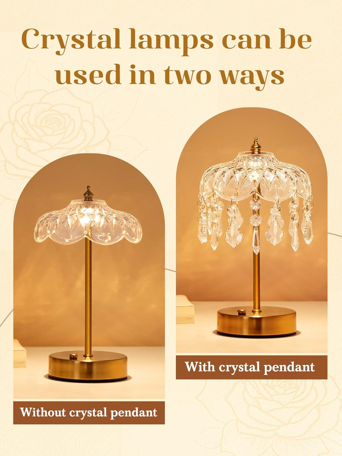 Cordless Lamp, 3 Colors Vintage Lamp Crystal Lamp,10 Brightness Dimmable Lamp,Touch Lamp Flower L... | Amazon (US)
