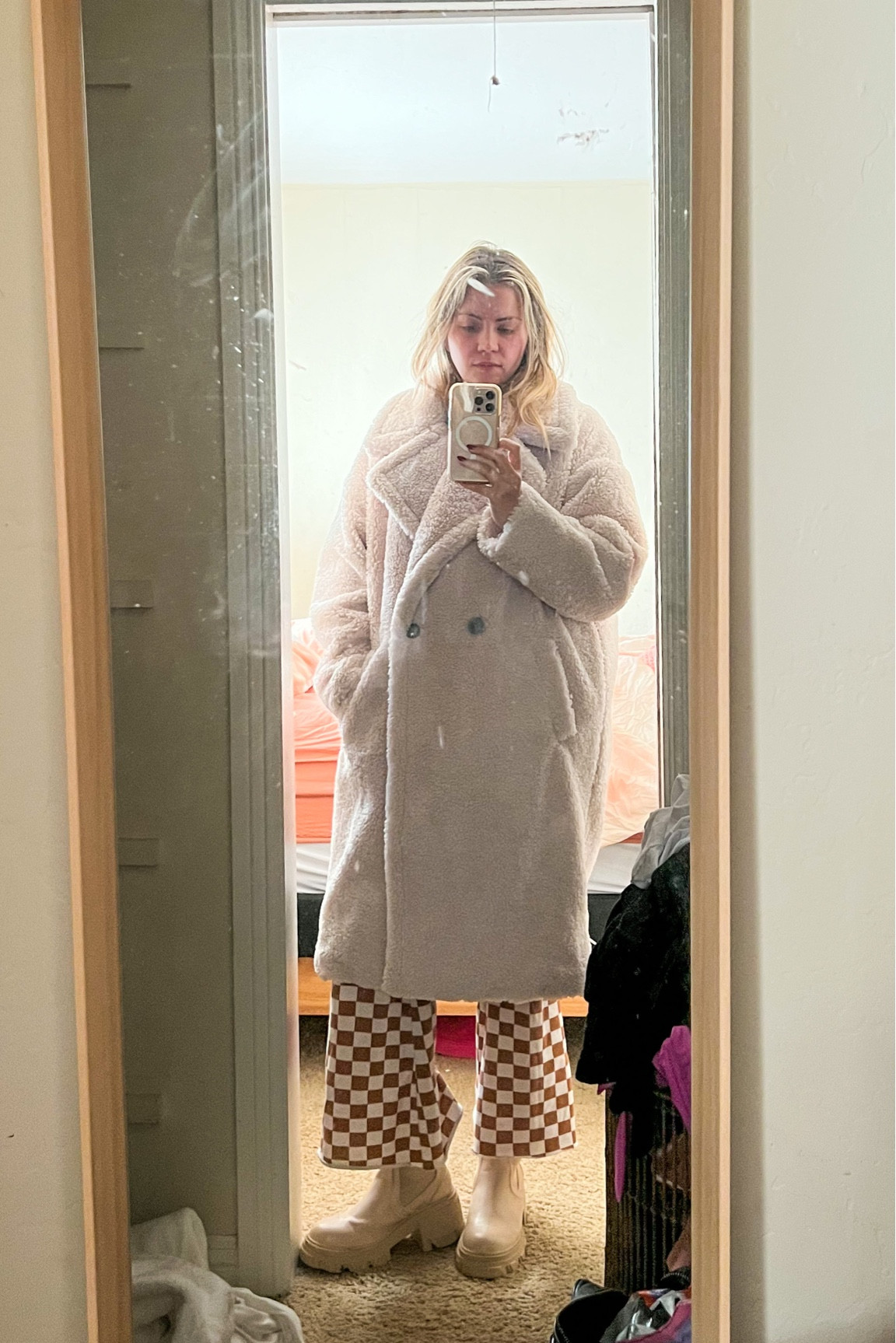 A little funky fit for when it’s frigid and u r a rockstar who has to walk your emotional support dog/bff 

Sherpa peacoat checkered flare pants chunky Chelsea boot 

#LTKSeasonal #LTKunder50 #LTKtravel