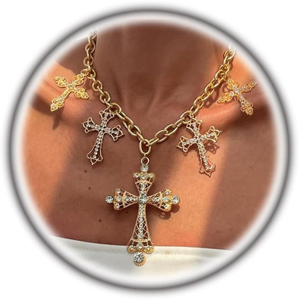 Chunky Gold Zircon Cross Choker Necklace for Women,Vintage Gothic Big Pearl Cross Statement Neckl... | Amazon (US)