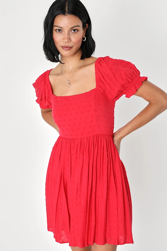 Positano Poise Red Puff Sleeve Swiss Dot Mini Dress | Lulus (US)