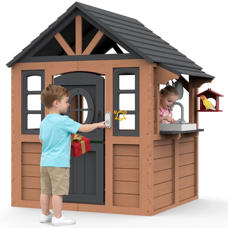 COCLUB Kids Outdoor Playhouse, Wooden Playhouse with Play Kitchen, Working Doorbell, Bird Cage, P... | Walmart (US)
