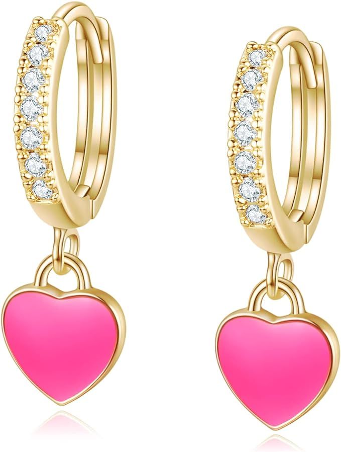 14k Gold/Silver/Rose Gold Plated Huggie Earrings CZ Small Huggie Hoop Earrings Dangle Drop Heart ... | Amazon (US)
