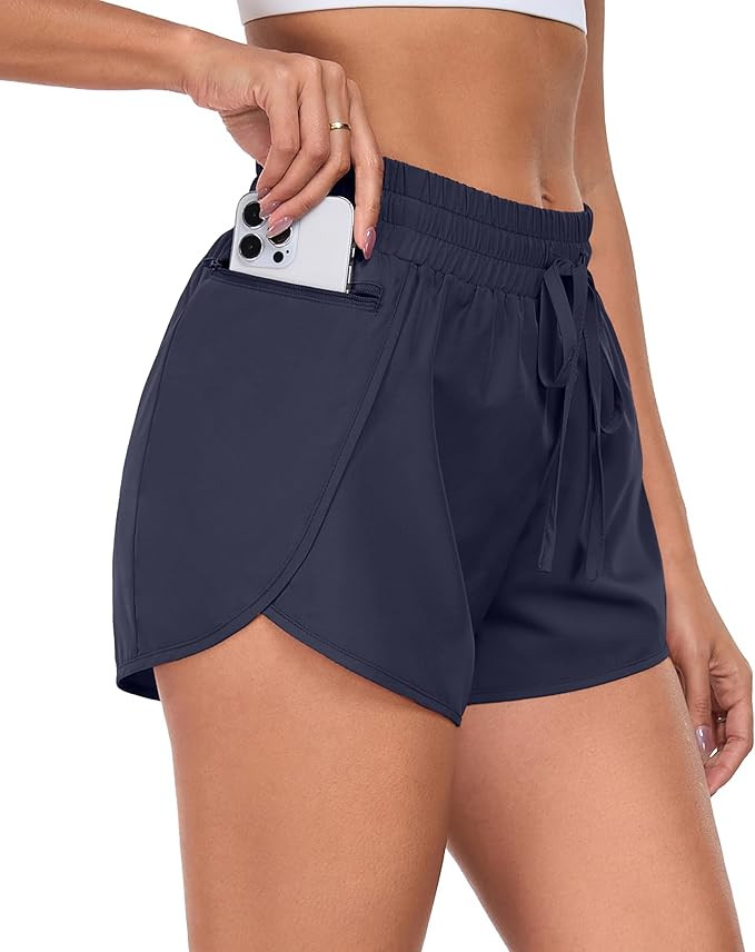 PrinStory Womens Athletic Shorts High Waisted Running Quick Dry Gym Workout Shorts with Zipper Po... | Amazon (US)