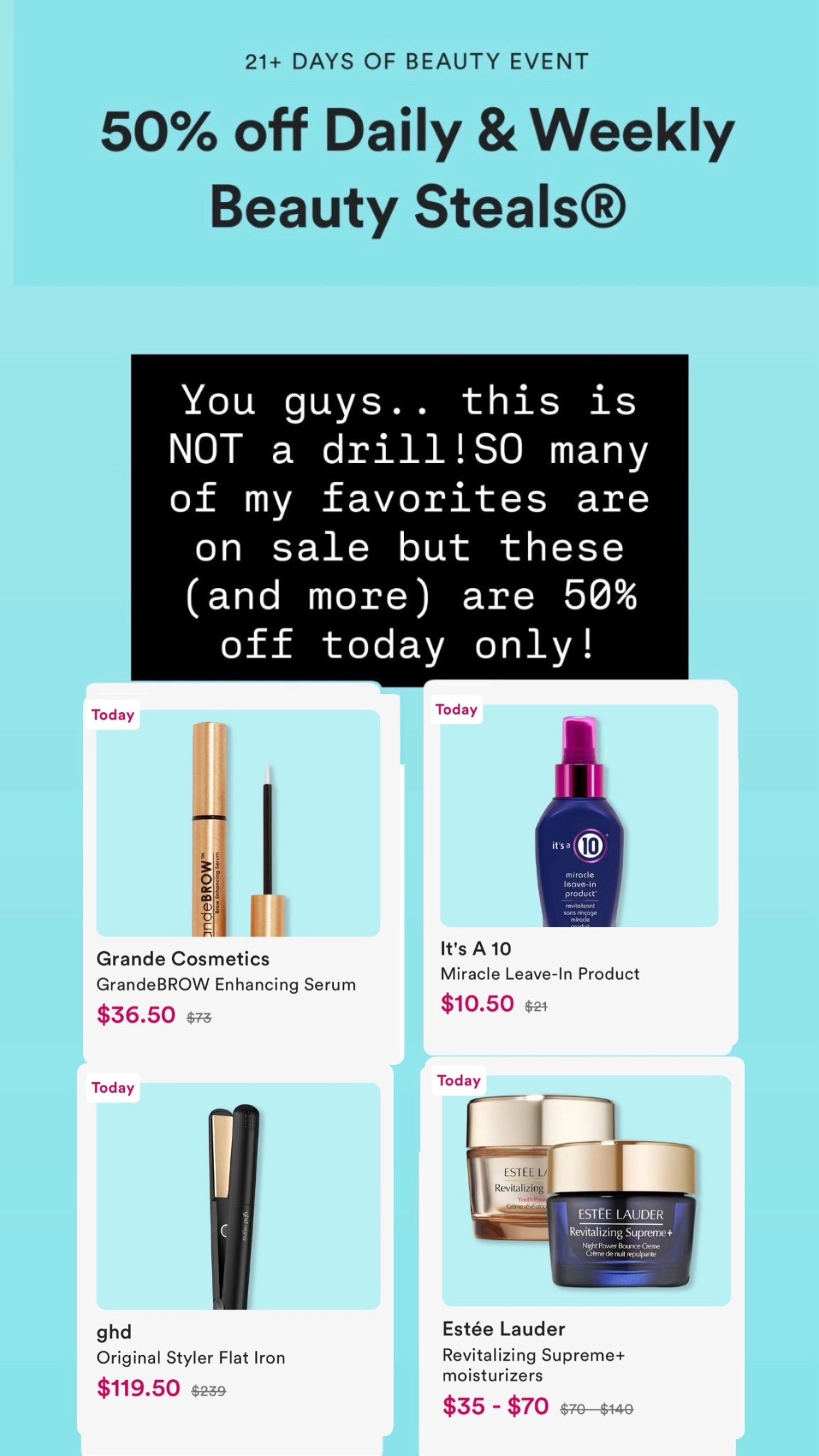 Today only. 50% off. RUN. 💄🔥

If you’ve been waiting for a sign to stock up on beauty favorites… this is it. These are the kind of deals I personally wait for because you’re getting luxury performance for a fraction of the price.

✨ What I’m grabbing TODAY:
• The Estée Lauder icon everyone raves about for smooth, glowing, youthful skin
• A high-end hair straightener that’s OVER $100 off (salon-level results at home)
• It’s a 10 miracle product = shine, strength, frizz control, heat protection… all in one
• My go-to lash + brow serum that actually helps grow and thicken over time

This is your moment to upgrade your routine without overspending — these are tried, loved, and worth it products.

💥 Don’t wait — these deals are gone by tonight

Shop everything linked in my LTK before it sells out ✨

#LTKBeauty #LTKSaleAlert #BeautyDeals #50OffSale #AntiAgingSkincare #HairCareEssentials #LuxuryForLess #BeautyFinds #LTKUnder100 #GlowUpRoutine

#LTKselfcare #LTKBeauty #LTKSaleAlert
