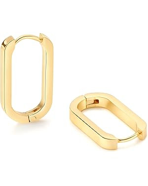 Chunky Gold Hoop Earrings for Women 18K Gold Paperclip Oval Hoop Earrings Gold Square Hoops Small... | Amazon (US)