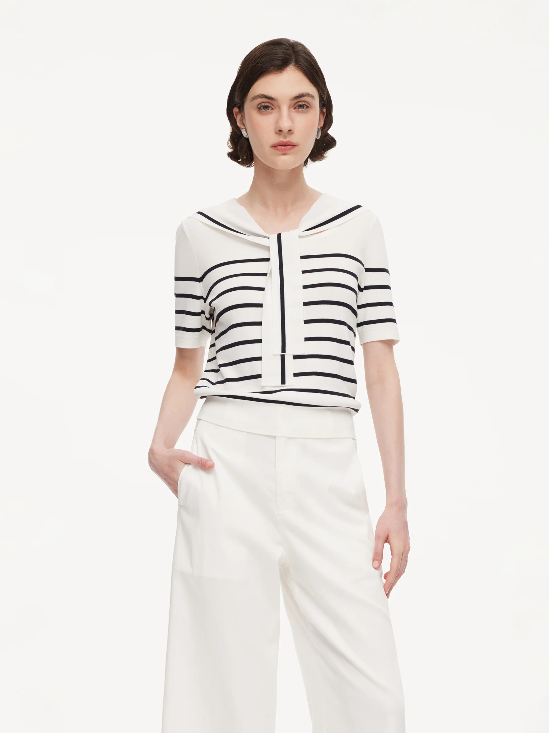 Lyocell Blend Stripe Women Knit Top With Detachable Sailor Collar | GOELIA