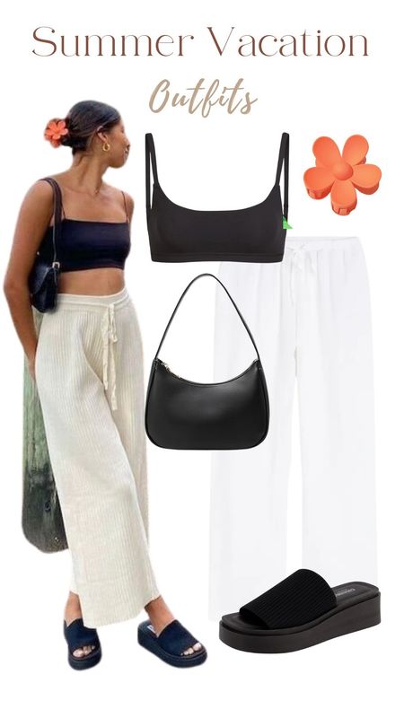 Summer vacation outfit, sports bra, white Palazzo pants, floral claw clip, black shoulder bag

#LTKStyleTip #LTKTravel #LTKFindsUnder100