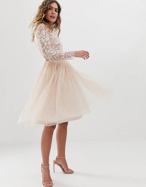 Needle & Thread embellished long sleeve midi dress with tulle skirt in rose quartz | ASOS US