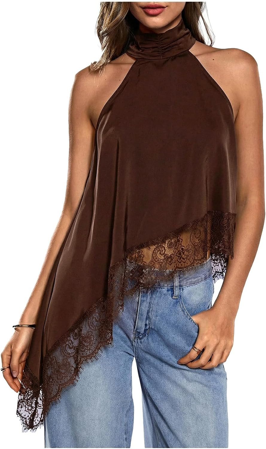 Milumia Women's Halter Neck Top Lace Asymmetrical Hem Going Out Tank Tops | Amazon (US)