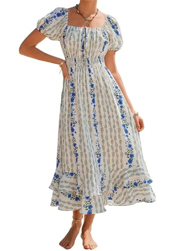Kate Kasin Womens Summer Boho Floral Maxi Dress 2026 Square Neck Puff Sleeve Smocked Flowy A Line... | Amazon (US)
