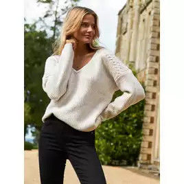 Buy SOSANDAR Taupe Natural Cable Shoulder V Neck Jumper S | Jumpers | Tu | Tu Clothing