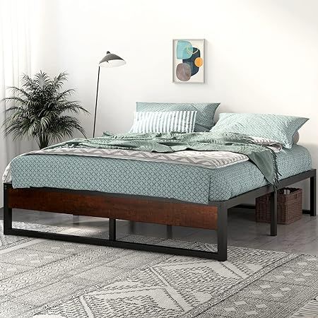 SHA CERLIN 14'' King Size Metal Platform Bed Frame with Rustic Wood & Reverse Holes/Ample Under-B... | Amazon (US)