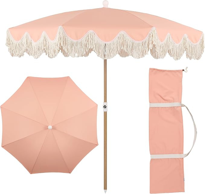 JONATHAN Y Mariner 6.5 ft. Solid Fringe Beach Umbrella, Coral Pink | Amazon (US)