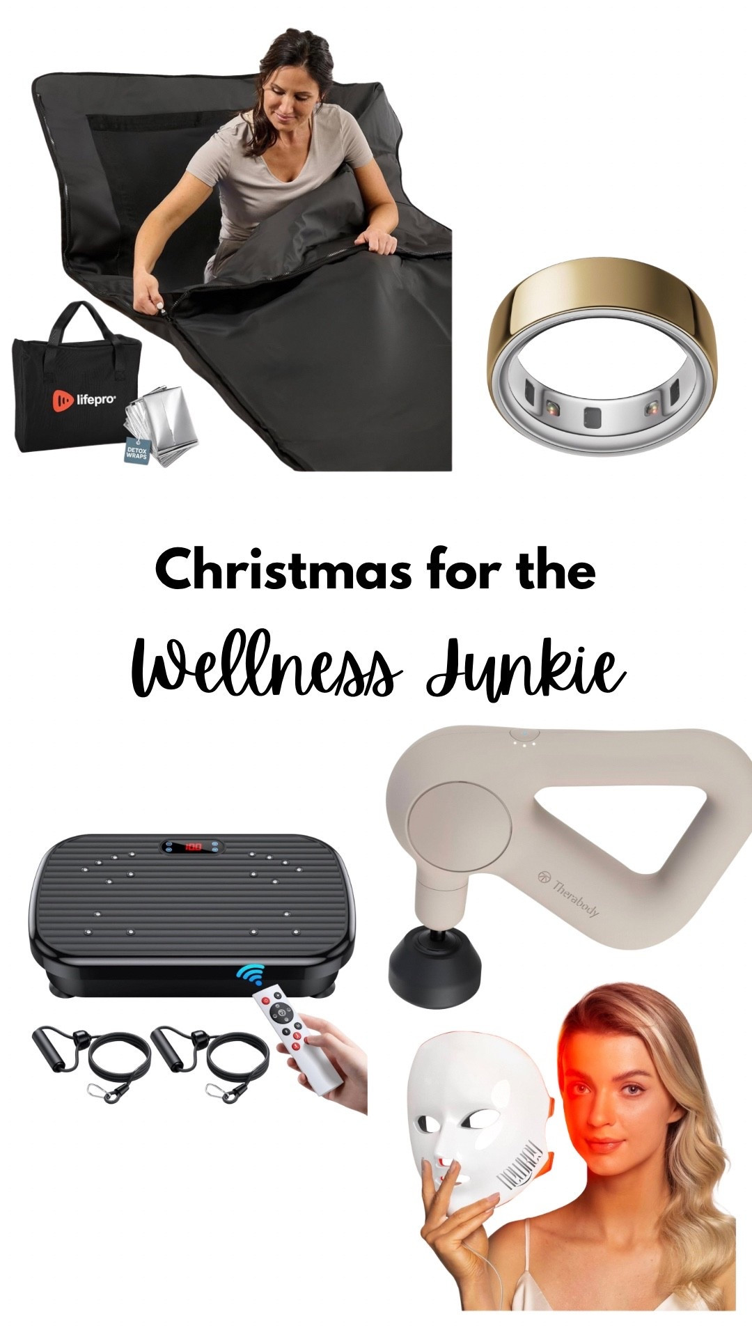 Christmas gift ideas for the wellness junkie! I have a love the Oura ring, and we’ve had a massage gun for years. We invested in a full sauna this summer but this blanket version is compact and economical! I have had my red light mask for a while and use it consistently lately. A vibration plate is our wellness purchase this Christmas! Everything on this list is a crazy good deal for Black Friday  

#LTKGiftGuide #LTKCyberWeek #LTKHoliday