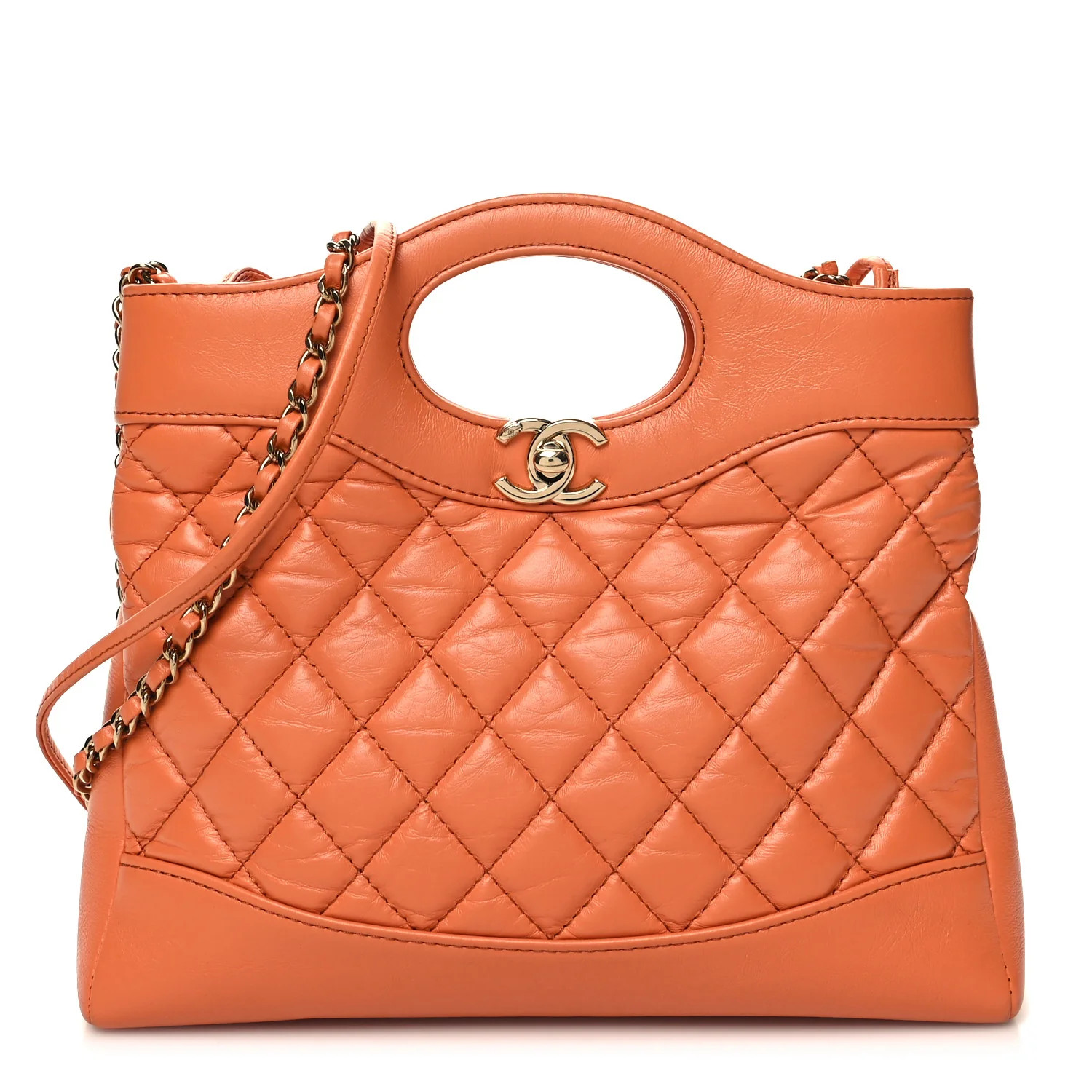 Shiny Crumpled Calfskin Quilted Mini 31 Shopping Bag Orange | FASHIONPHILE (US)