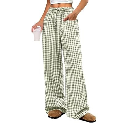 ANRABESS Womens Striped Gingham Pants 2026 Pajama Drawstring Wide Leg Lounge… | Amazon (US)