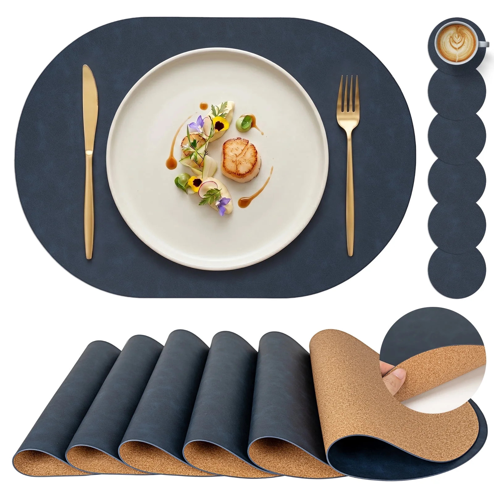 PROMATTOO Oval Faux Leather Placemats Set of 6 with Coasters,Cork-Look Printed Base Dining Table Mat,Midnight Blue | Walmart (US)