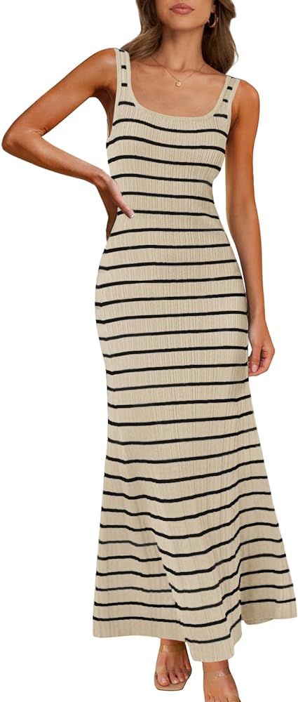 MEROKEETY Women's Sleeveless Striped Bodycon Maxi Dress Square Neck Ribbed Knitted Tank Sweater D... | Amazon (US)