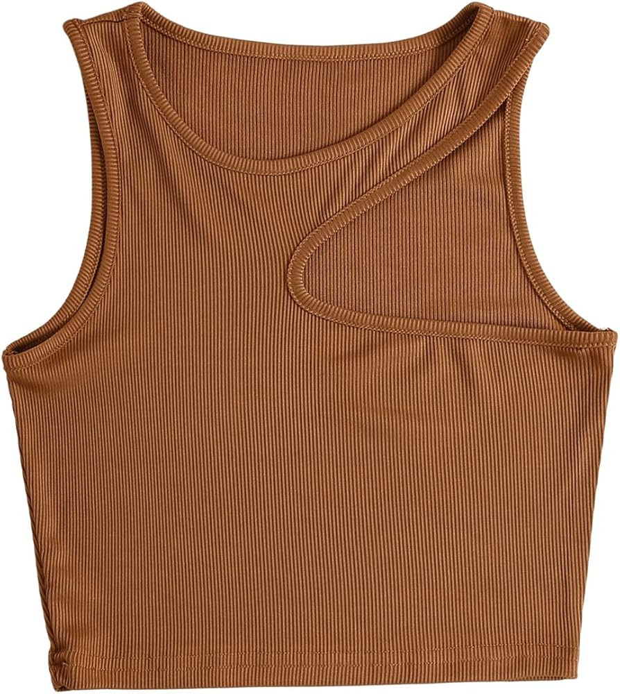 SweatyRocks Women's Sleeveless Asymmetrical Cut Out Top Round Neck Ribbed Knit Crop Tank Tops | Amazon (US)