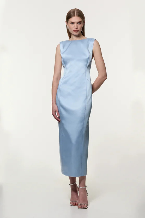 Structured Viscose Satin Stitch Detail Tailored Pencil Maxi Dress | Karen Millen US