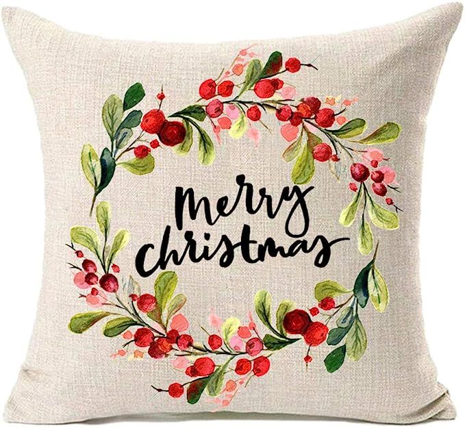 MFGNEH Christmas Decor Merry Christmas with Leaves Garlands Cotton Linen Pillow Covers 20x20,Thro... | Amazon (US)