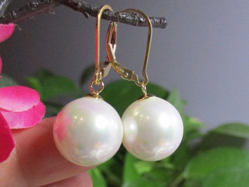 14K Gold Filled Elegant Big Round Drop Shell Pearl Earring, Lever Back Big Pearl Dangle Earrings,... | Etsy (US)