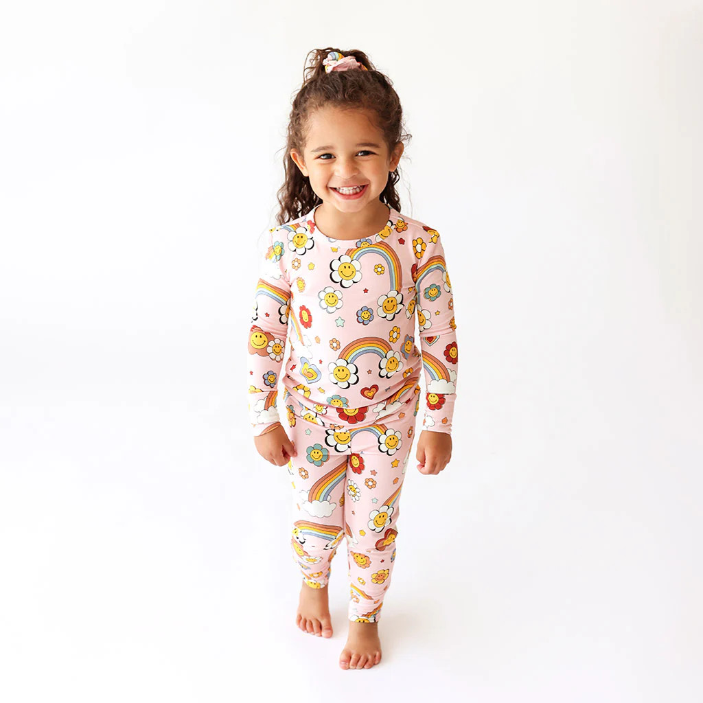 Retro Pink Long Sleeve Toddler Pajamas | Groovy Rainbow | Posh Peanut
