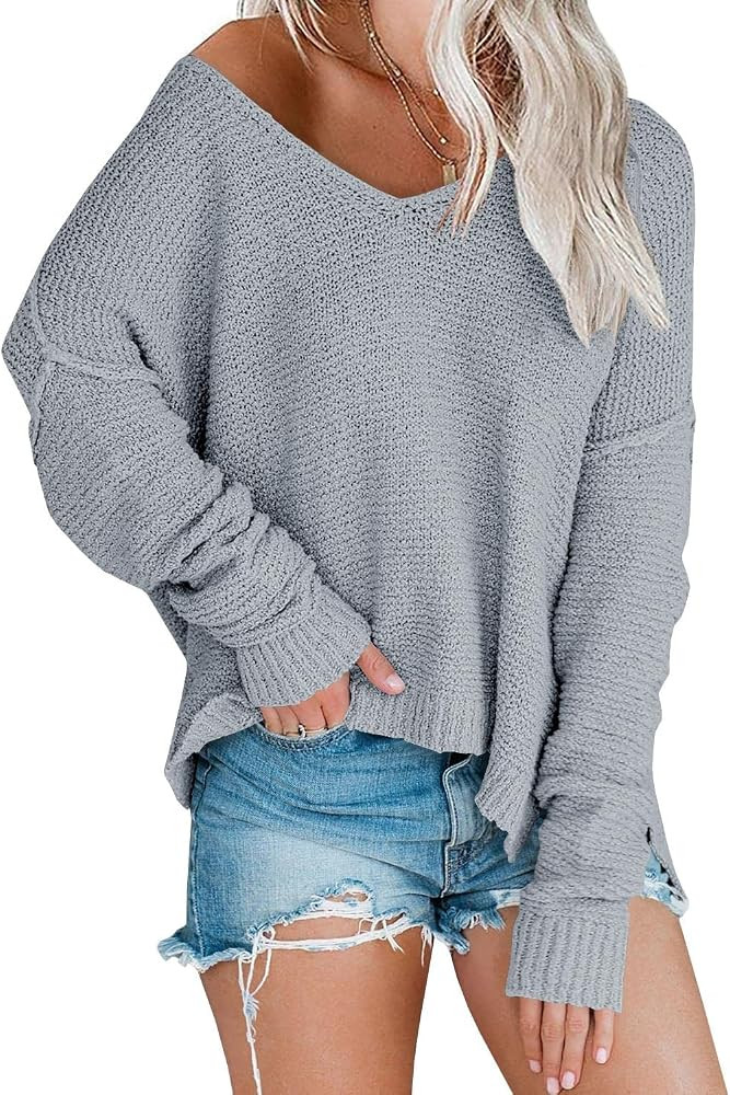 Women’s Off Shoulder Knit Sweaters Oversized V Neck Long Sleeve Loose Lightweight Pullover Tops | Amazon (US)