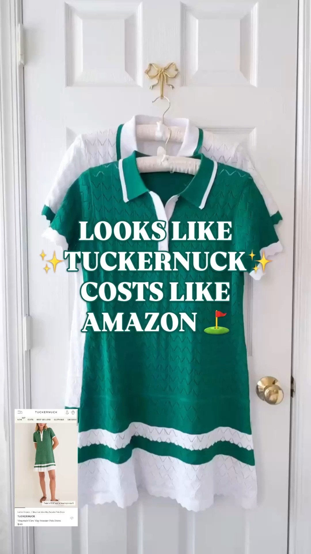 Tuckernuck May Sweater Polo Dress look for less, Tuckernuck inspired dress, preppy polo dress

The Tuckernuck May Sweater Polo Dress is $148, and this Amazon find gives you that same sporty-preppy country club look for over $100 less.

This is the kind of polo dress women search for all summer: tennis outfit, golf dress, golf outfit, pickleball dress, country club dress, casual summer dress, vacation dress, and easy throw-on dress. 

The contrast trim, polo neckline, textured knit look, ruffle hem, easy mini length, and green-and-white color combo give it that classic Tuckernuck / TNuck Sport energy without the designer price tag.

It works for tennis, golf, pickleball, coffee runs, lunch, errands, school pickup, vacation mornings, casual dinners, beach town shopping, lake weekends, resort days, and summer travel outfits. Add white sneakers for sporty preppy style, sandals for a casual summer outfit, or a sweater over your shoulders for that country club look.

Available in multiple colors, but this green is especially good if you love preppy summer style.

If you’re searching for Tuckernuck May dress look for less, Tuckernuck May Sweater Polo Dress dupe, Tuckernuck inspired dress, preppy polo dress, polo mini dress, tennis dress women, golf dress women, golf outfit women, pickleball outfit, country club outfit, sporty preppy dress, green polo dress, casual summer dress, vacation dress, Amazon dress find, or designer look for less, this is the the look for less that should be on your radar. 

#LTKFindsUnder50 #Tuckernuck #LookForLess #PreppyStyle #TennisDress #GolfOutfit #SummerDress

#LTKActive #LTKSeasonal #LTKOver40