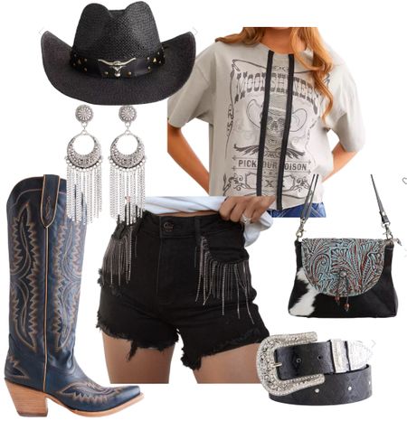 Edgy western outfit & accessories! Loving the cow print Myra bag paired with rhinestone fringe pieces! LORI20 to save on shorts

#LTKFindsUnder100 #LTKFestival #LTKStyleTip