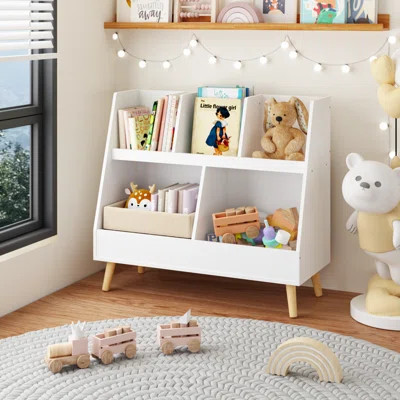 Kids Bookshelf And Toy Organizer, 5 Cubbies Wooden Open Bookcase, 2-Tier Baby Storage Display Organizer With Legs, Free Standing For Playing Room, Bed | Wayfair North America