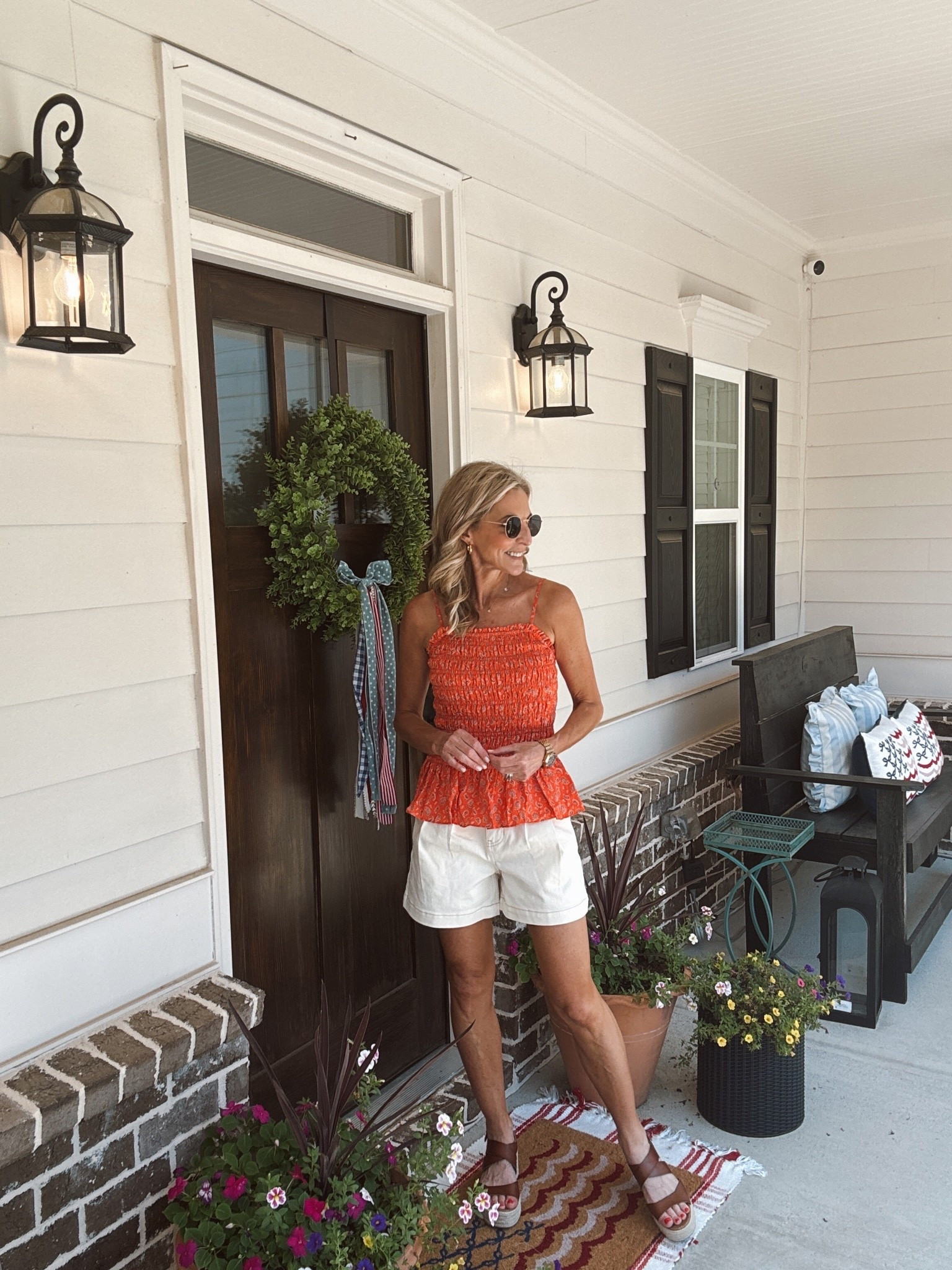 Everything Walmart in all under $20 the top comes in four different color options and the shorts come in three different color washes wearing an extra small on both.