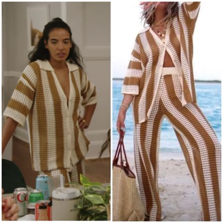 Danielle Olivera’s Tan and White Crochet Striped Set