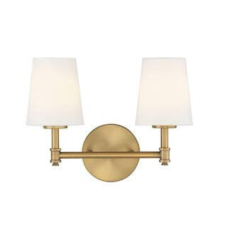 15 in. W x 9.5 in. H 2-Light Natural Brass Bathroom Vanity Light with White Linen Fabric Shades | The Home Depot