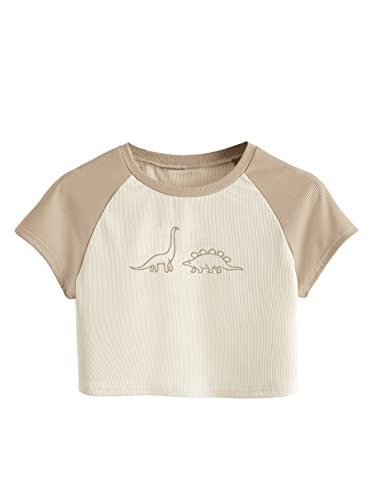 SweatyRocks Women's Graphic Print Round Neck T Shirt Short Sleeve Crop Tee Tops Beige Khaki Dinosaur L | Amazon (US)