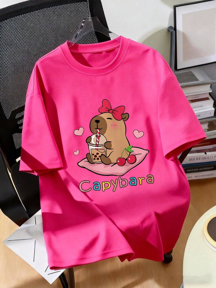 Cute Cartoon Capybara & Bow Print Anime Graphic Short Sleeve T-Shirt For Teenage Girls, Suitable For Summer Wear | SHEIN
