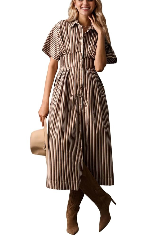 Women Striped Button Down Pleated Shirt Dress Summer Short Sleeve Ruffle A Line Swing Long Blouse... | Amazon (US)