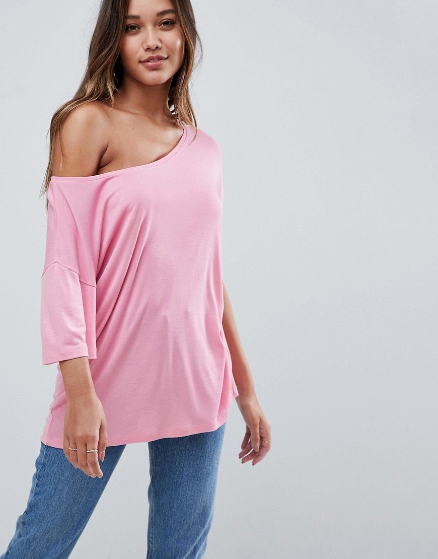 ASOS Off Shoulder T-Shirt In Rib - Pink | ASOS US