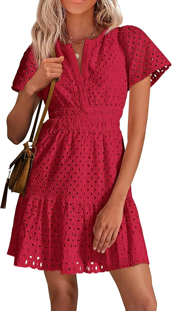 PRETTYGARDEN Womens 2025 Summer Short Dress V Neck Short Sleeve A Line Hollow Out Lace Ruffle Cut... | Amazon (US)