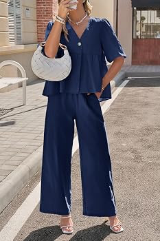 Tankaneo Womens 2 Piece Linen Sets Summer Vacation Outfits V Neck Puff Sleeve Babydoll Tops Wide ... | Amazon (US)